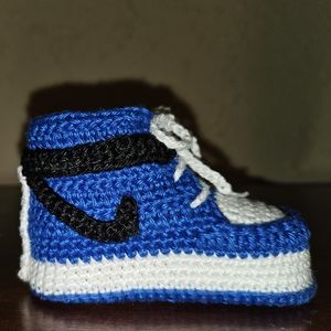 100% Handmade Crocheted Baby Booties Blue/Blk. 100% Mercerized Cotton 6-9 Months